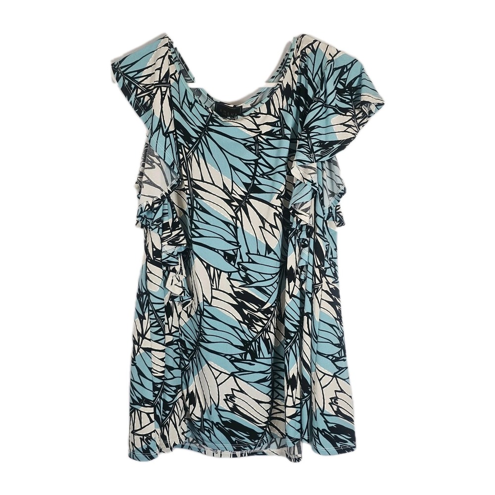 Amana Textured Blouse Size XL Blue White With Ruffle Sleeve Hawaiian Stretch EUC